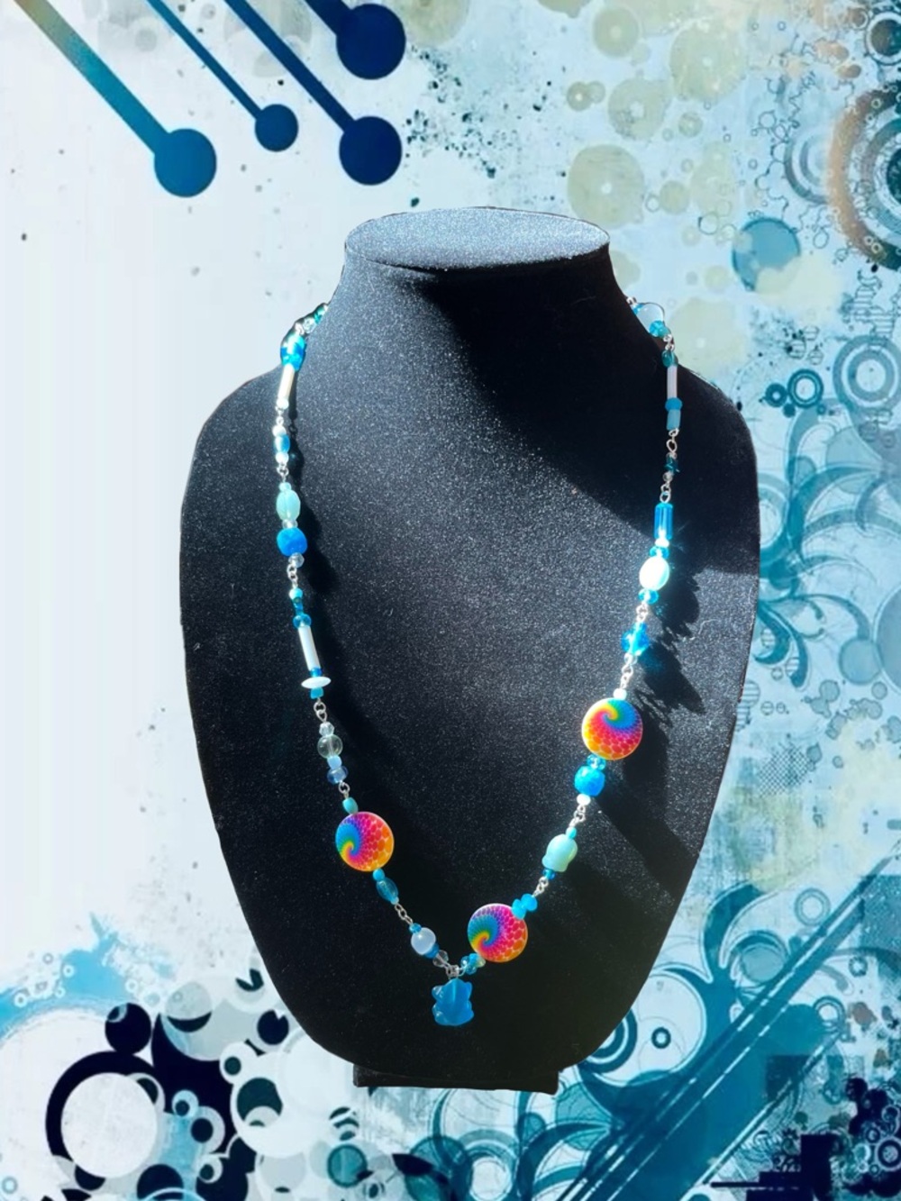Blue Beaded Necklace with Multicolor Disc Accents